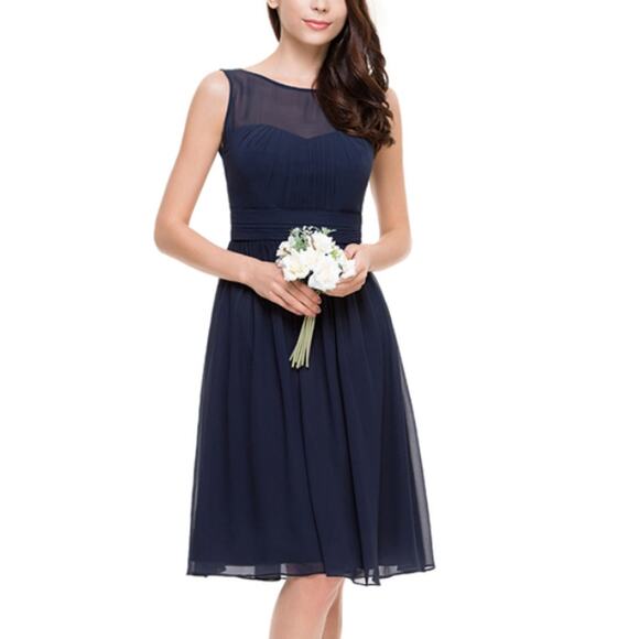 JJ's House Dark Navy Knee-Length Chiffon Bridesmaid Dress Womens 8 Fit & Flare - Picture 2 of 9